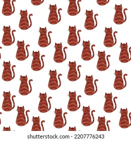 Ginger Cat Sits With His Back, Seamless Pattern. Watercolor Illustration