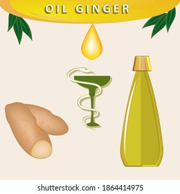 Ginger Oil - Root, A Drop Draining, A Bottle, A Medical Symbol Of A Snake And A Bowl  Medicinal Plants.