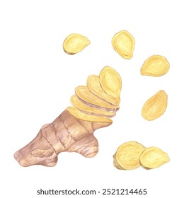 Ginger root heap. Whole and slices ginger. Watercolor illustration illustration isolated on white. Natural organic product for recipe, package. For treating colds, strengthening the immune system - Powered by Shutterstock