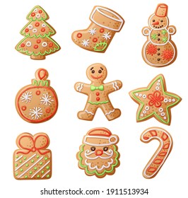 Gingerbread Cookies set isolated on white background. Decortative Xmas tree, sock, snowman, ball, man, star, gift, santa claus candy