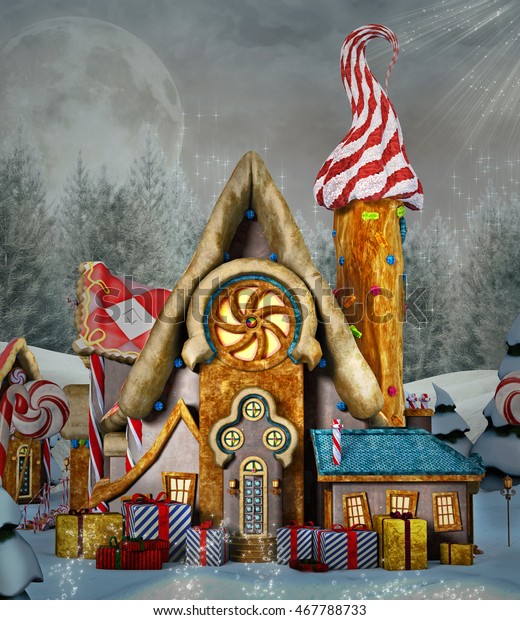 冬の風景の中にジンジャーブレッドのファンタジーハウス 3dイラスト のイラスト素材