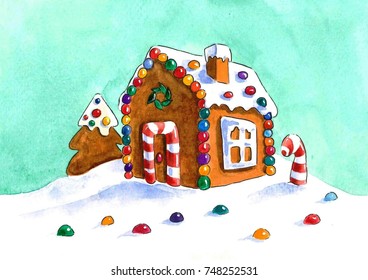 Gingerbread House With Candy (watercolor Illustration)