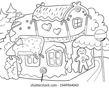 Gingerbread House In The Woods. Dessert Building. Children Coloring Book.