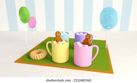 Gingerbread Man In Chocolate With Mashmarrow Drink, Cotton Candy Drinks, Pink, Blue Lollipop Sweet And Doughnut On Light Background, 3D Rendering.