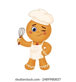 Gingerbread man cookie. Gingerbbread cook in an apron and cap holding a whisk. Illustration isolated on white background.
