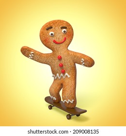 Gingerbread Man On Skate, 3d Cook Cartoon Character