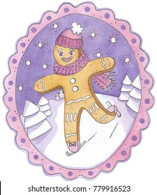 Gingerbread Man In A Pink Hat And Scarf Skates Between Trees