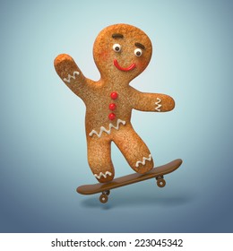 Gingerbread Man Skating, 3d Cookie Cartoon Character Illustration