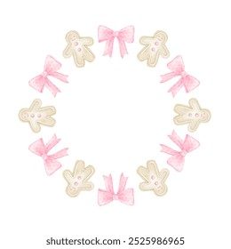 Gingerbread men, pink bows. Round frame on white background for textiles and wrapping paper. Cute watercolor Christmas illustration - Powered by Shutterstock