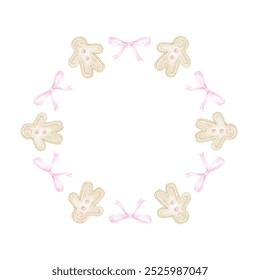 Gingerbread men, pink bows. Round frame on white background for textiles and wrapping paper. Cute watercolor Christmas illustration - Powered by Shutterstock