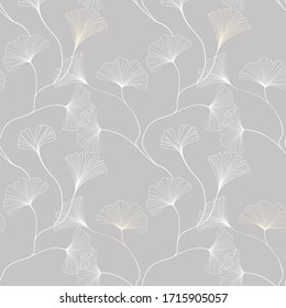 Gingko Biloba. Plant, Foliage. Hand Draw Silhouette, Drawing. Seamless Vector Illustration. Background, Wallpaper.