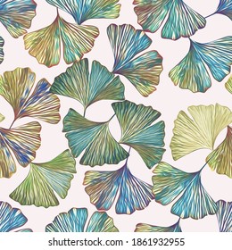 Gingko Leaves On Floor Seamless Pattern. Watercolor Illustration, Floral Abstract Art.