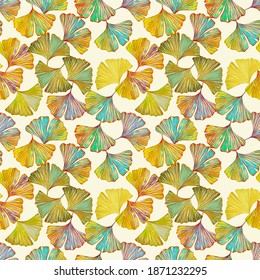 Gingko Leaves On Floor Seamless Pattern. Watercolor Illustration, Floral Abstract Art.