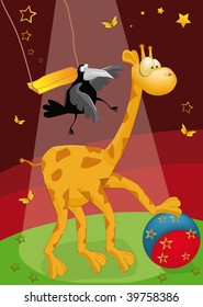 Giraffe With A Ball And A Raven In Circus