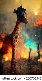 Giraffe During A Fire. A Giraffe Escaping From A Cataclysm. Wild Animals Fleeing A Fire. Apocalypse Among Wild Animals. Third World War On Safari.