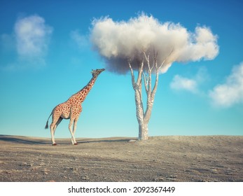 Giraffe eating from a cloud tree. Aspirations and motivation concept. This is a 3d render illustration