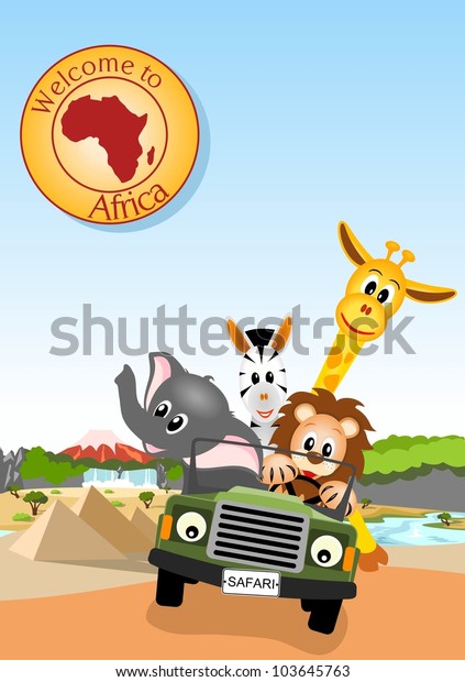 giraffe, elephant, zebra and lion\
driving green car through african landscape - bitmap\
copy
