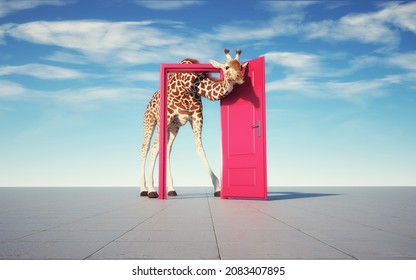 Giraffe Get Through A Door. Curiosity An Aspirations Concept.This Is A 3d Render Illustration