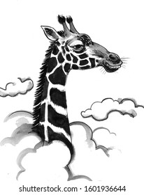 Giraffe Head In The Clouds. Ink Black And White Drawing