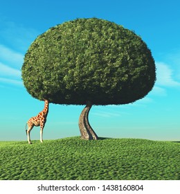 Giraffe with the head into the crown of a tree. This is a 3d render illustration