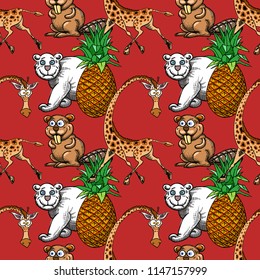 Giraffe, Pineapple And White Bear, Beaver Seamless Pattern, Cartoon Characters Quirky Background.