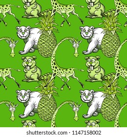 Giraffe, Pineapple And White Bear, Beaver Seamless Pattern, Cartoon Characters Quirky Background.