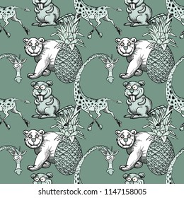 Giraffe, Pineapple And White Bear, Beaver Seamless Pattern, Cartoon Characters Quirky Background.