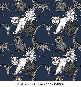 Giraffe, Pineapple And White Bear, Beaver Seamless Pattern, Cartoon Characters Quirky Background.