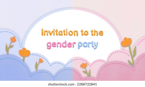 Girl or boy? 3D Invitation card to Gender reveal party.  Pink and blue background with flowers and lettering text. He or She? paper cut illustration - Powered by Shutterstock