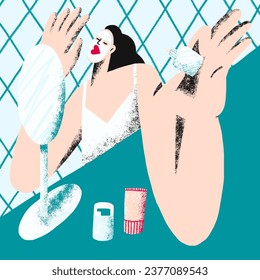 girl applied a face mask and looks in the mirror in the bathroom interior with small and cute jars of cosmetics. dynamic and fun illustration about spa, relax, self love and self care in pastel colors - Powered by Shutterstock