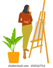 Girl Artist With A Brush To Paint. Easel Near The Flower. Illustration.