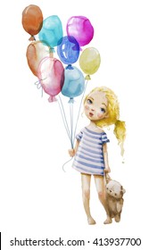 Girl With Balloons, Watercolor On Paper Texture