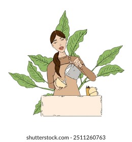 Girl barista makes coffee at the counter with leaves of coffee plant digital composition color illustration for coffee house, bakery and confectionery for printing and web: logo, business card, poster - Powered by Shutterstock