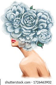 Girl with beautiful flowers instead of a head. Digital illustration.