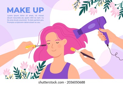 Girl in beauty salon. Makeup artist and hairdresser hands with brush, mascara and dryer. Cosmetic products, hair care poster  concept. Illustration salon beauty, makeup and barber - Powered by Shutterstock