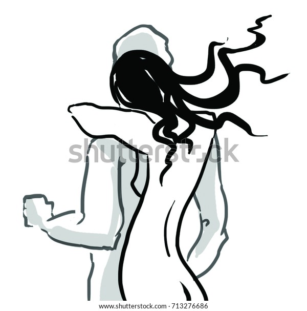 Girl Behind Hugs Man Black White Stock Illustration 713276686