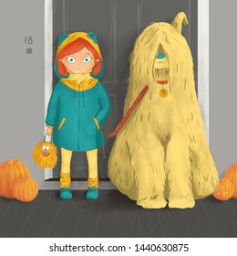 A Girl With A Big And Bright Dog Who Is Taller Than Her Standing At The Door Near The House, The Girl Is Going To Walk Her Dog In Cold Weather