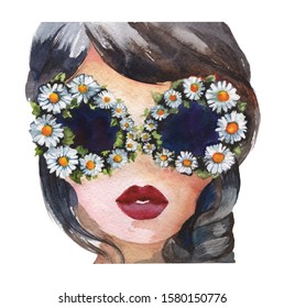girl in big sunglasses and white daisies  and dark hair   red  Burgundy lips  stock illustration  hand  drawn watercolor white background  fashion illustration for printing