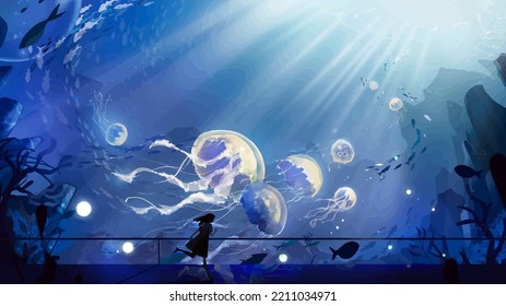 Girl At Big Under Water Aquarium To See Jellyfish Anime Digital Art Illustration Painting Wallpaper