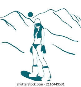 Girl In Bikini Against Of Mountain. Girl On Snowboarding.