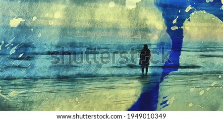 Girl in black on the seashore, layers of paint, artistic work
