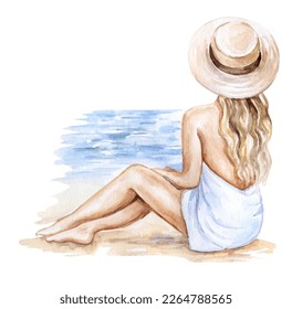 girl, blonde woman in a summer hat on the beach in a hat, sea, sand, vacation, relax. Watercolor illustration isolated on white background. Clip art. - Powered by Shutterstock