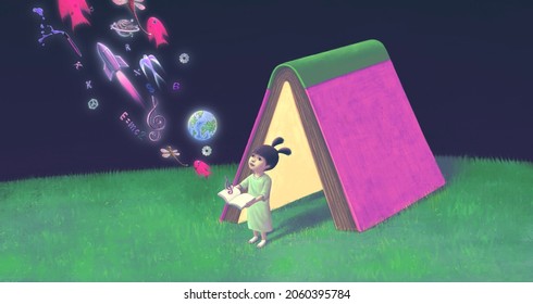 A girl with a book of imagination. Concept idea of education inspiration creative dream child. conceptual art. surreal painting. fantasy 3d illustration.