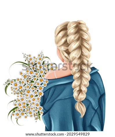 Girl with bouquet of daisies. Hand drawn fashion illustration
