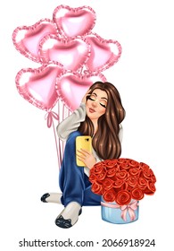 Girl and bouquet roses   heart shape balloons  Hand drawn girl illustration