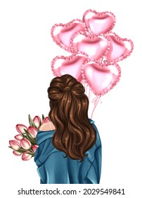 Girl and bouquet tulips   balloons  Hand drawn fashion illustration  Valentine's Day greeting card