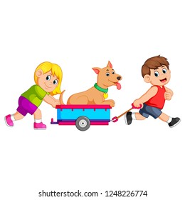 Girl And Boy Pulling Wagon With Dog