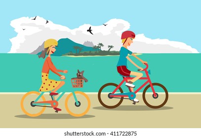Girl And Boy Ride The Bike On The Beach. Healthy Leisure And Freedom Riding Bike. Boy And Girl In A Bicycle Helmet Pedaling On Summer Time. Sea Shore In Summer Time. Flat Color Illustration