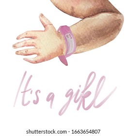 It's a girl.Tag bracelet for girl.children hand First Birthsday. Postcard for newborn. Watercolor illustration on a white background. For cards, posters, stickers  and professional design. - Powered by Shutterstock