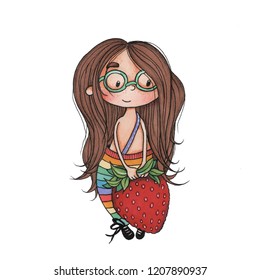 Girl With Brown Hair With Glasses Holding A Giant Red Strawberry